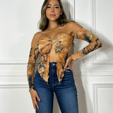 Blusa Malla Caida Mangas Estampado Marrón