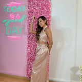 Conjunto Top Panoleta Pantalon Seda Dorado