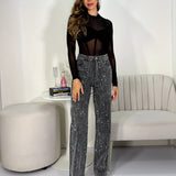 Jean Rhinestones Caida Lavado Negro