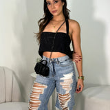 Crop Top Rhinestones Cadena Negro