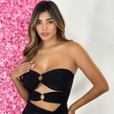 Vestido Largo Abertura Aros Negro