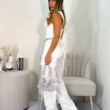 Pantalón Cargo Satén Seis Bolsillos Ancho Blanco